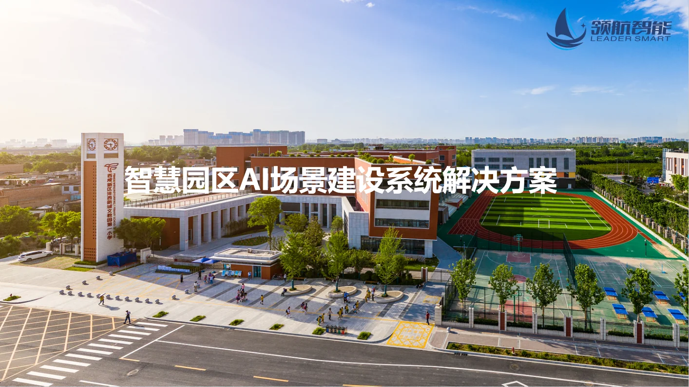智慧园区 AI 场景建设方案宣传图，含园区建筑与运动场